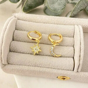 925 Sterling Silver Gold Moon & Star Huggie Hoop Earrings Celestial Earrings